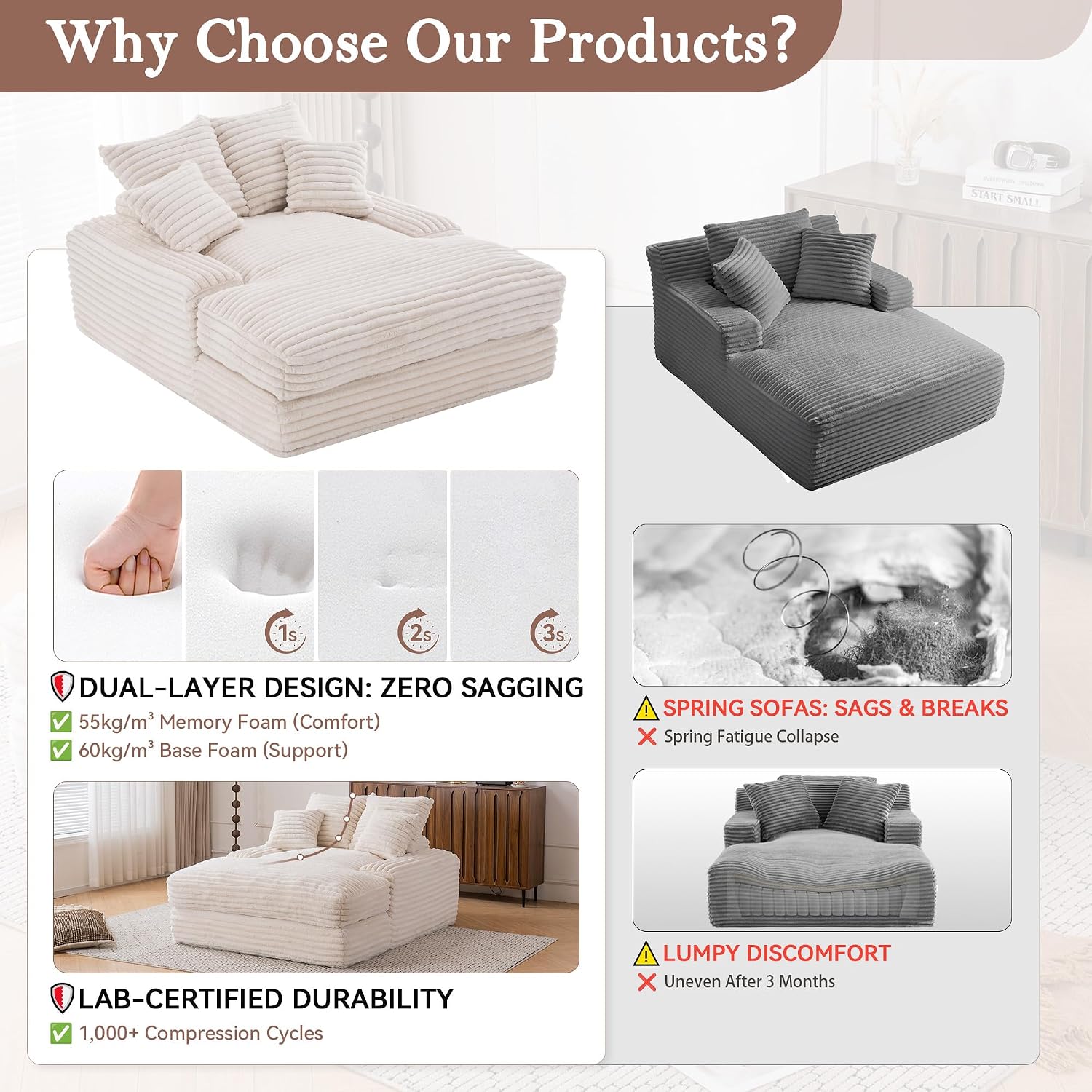Ball & Cast Chaise Lounge Chair Indoor,Sleeper Sofa Bed W/ 4 Removable & Washable Pillows,54' Corduroy Couch Reading Lounge Chair W/Wide Armrest,for Living Room,No Assembly Required,Beige