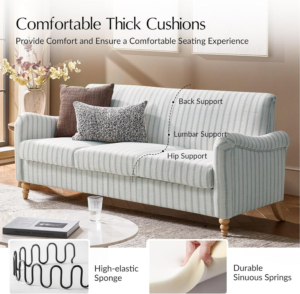 HULALA HOME Farmhouse Curved Couch with Stripe Pattern, 3 Seater Sofa with Solid Wood Spindle Legs and Rolled Wide Armrests, Comfy Upholstered Sofa for Living Room Bedroom, Blue