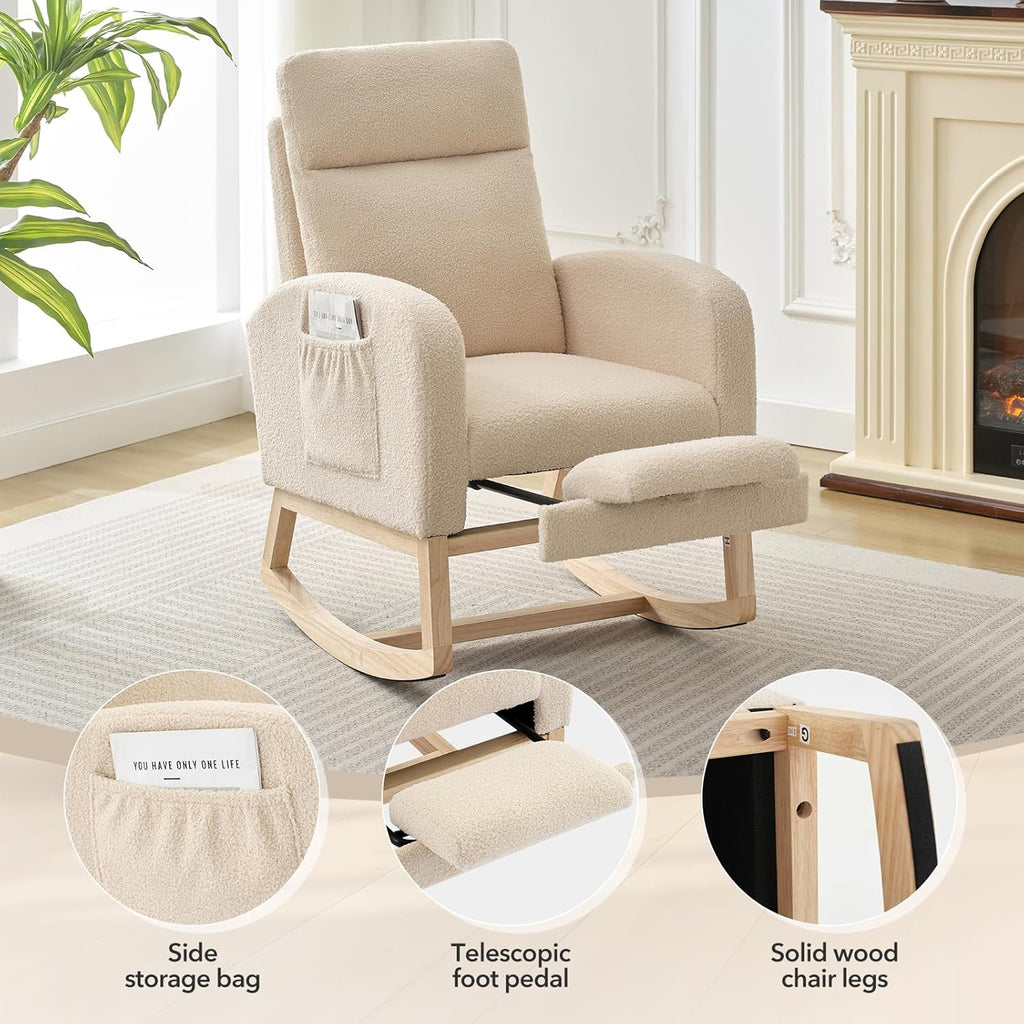 Modern Nursery Rocking Chair, Teddy Upholstered Rocking Chair with Footrest, Comfortable Rocker Recliner with Side Pocket, Rocker Glider for Living Room, Bedroom, Nursing Room