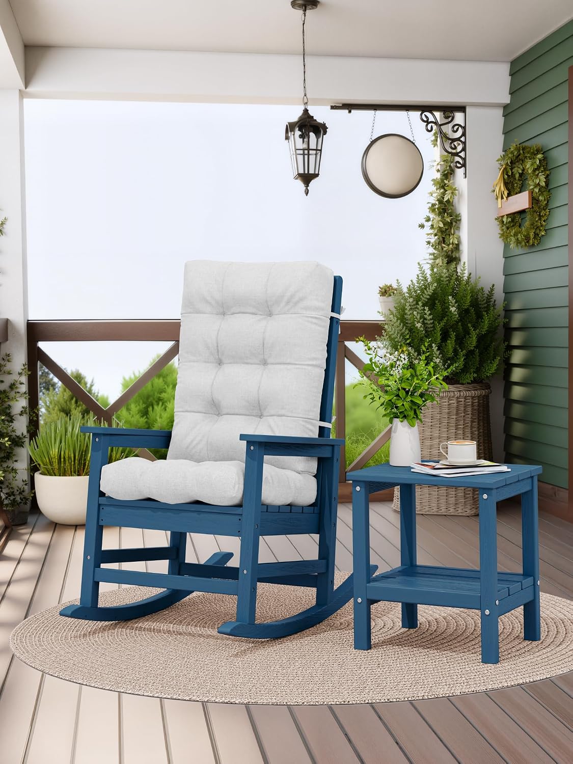 KINGYES Oversized Outdoor Rocking Chair with Cushion Set of 2, All-Weather Patio Rocking Chairs, HDPE Porch Rocker for Adults, 350 lbs Capacity, Blue Chair with Grey Cushion