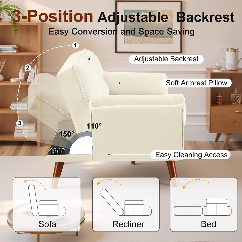 Convertible Futon Sofa Bed, Sleeper Couch Bed with Adjustable Backrests, Linen 3 Seater Small Couches for Small Spaces, Living Room, Bedroom(Beige, 75')