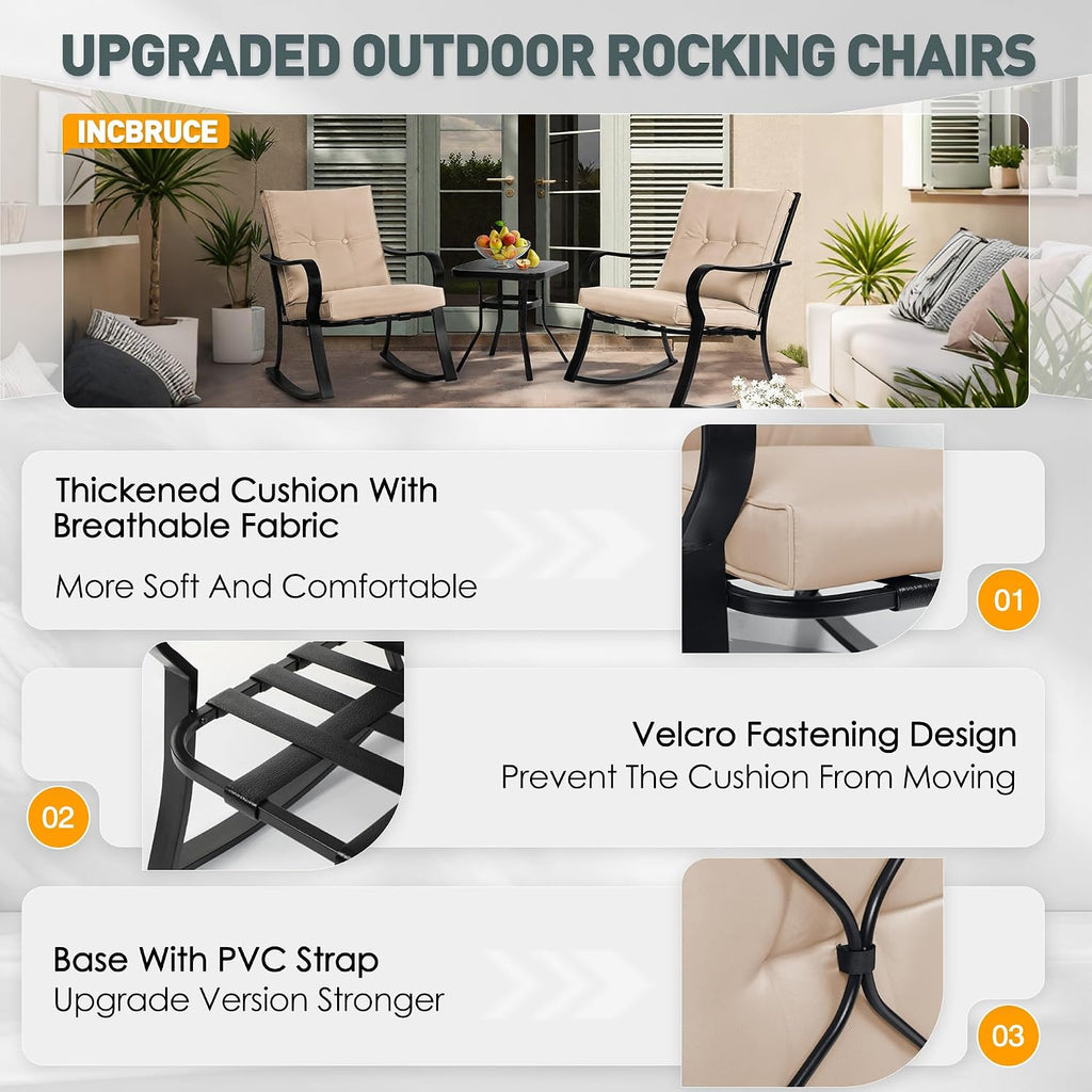 Incbruce 3 Piece Patio Bistro Set Outdoor Rocking Chairs Set, Porch Patio Conversation Chairs Set of 2 with Glass-Top Coffee Table (Brown Thickened Cushion)