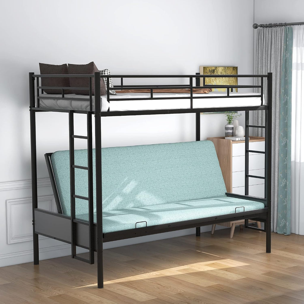 Anwick Twin-Over-Futon Convertible Couch and Bed, Metal Futon Bunk Bed with Guardrails and Ladder, Sturdy Steel Foldable Sofa-Bed for Kids Adults Teens (Twin Over Full Metal Bunk Bed, Twin)