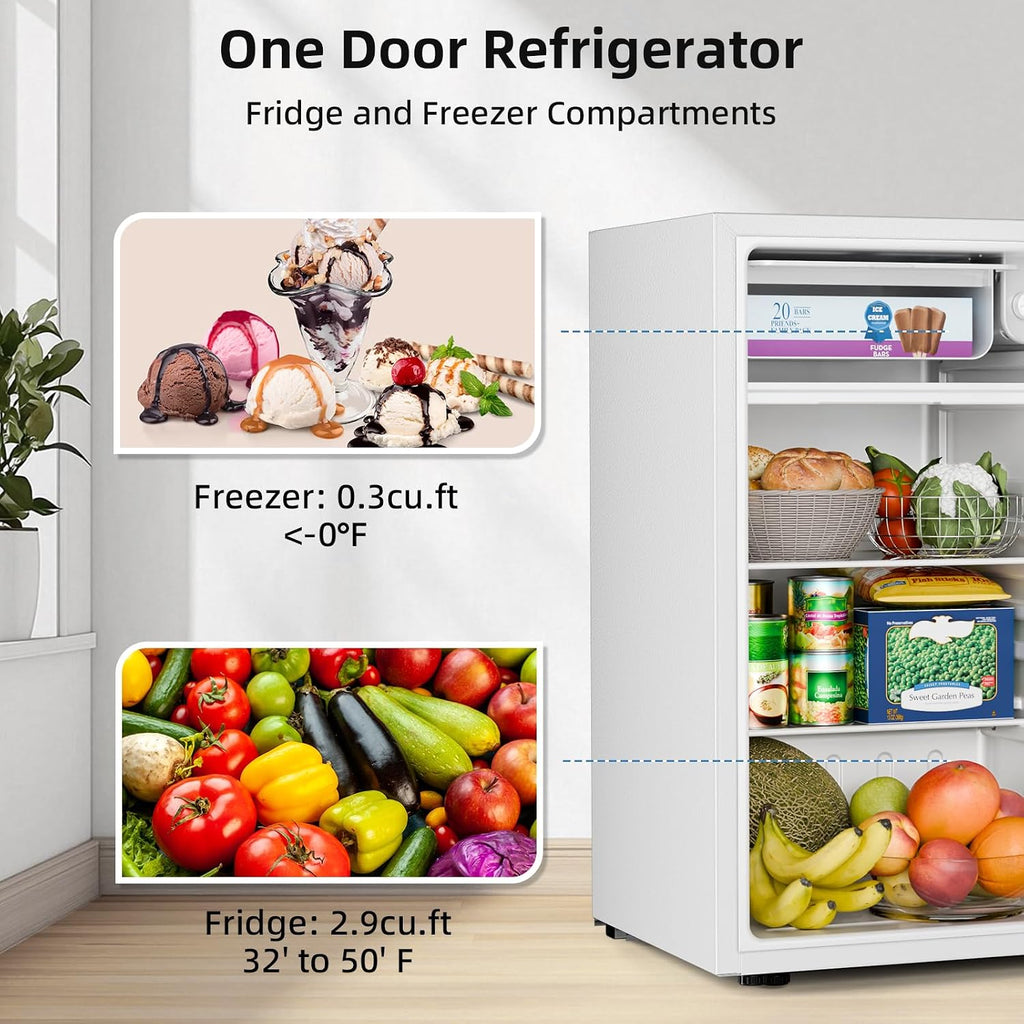 Antarctic Star 3.2 Cu.Ft.Compact Refrigerator with Freezer, Mini Fridge Single Door with Adjustable Thermostat,Removable Glass Shelves for Apartment,Dorm,Office,Kitchen，WHITE
