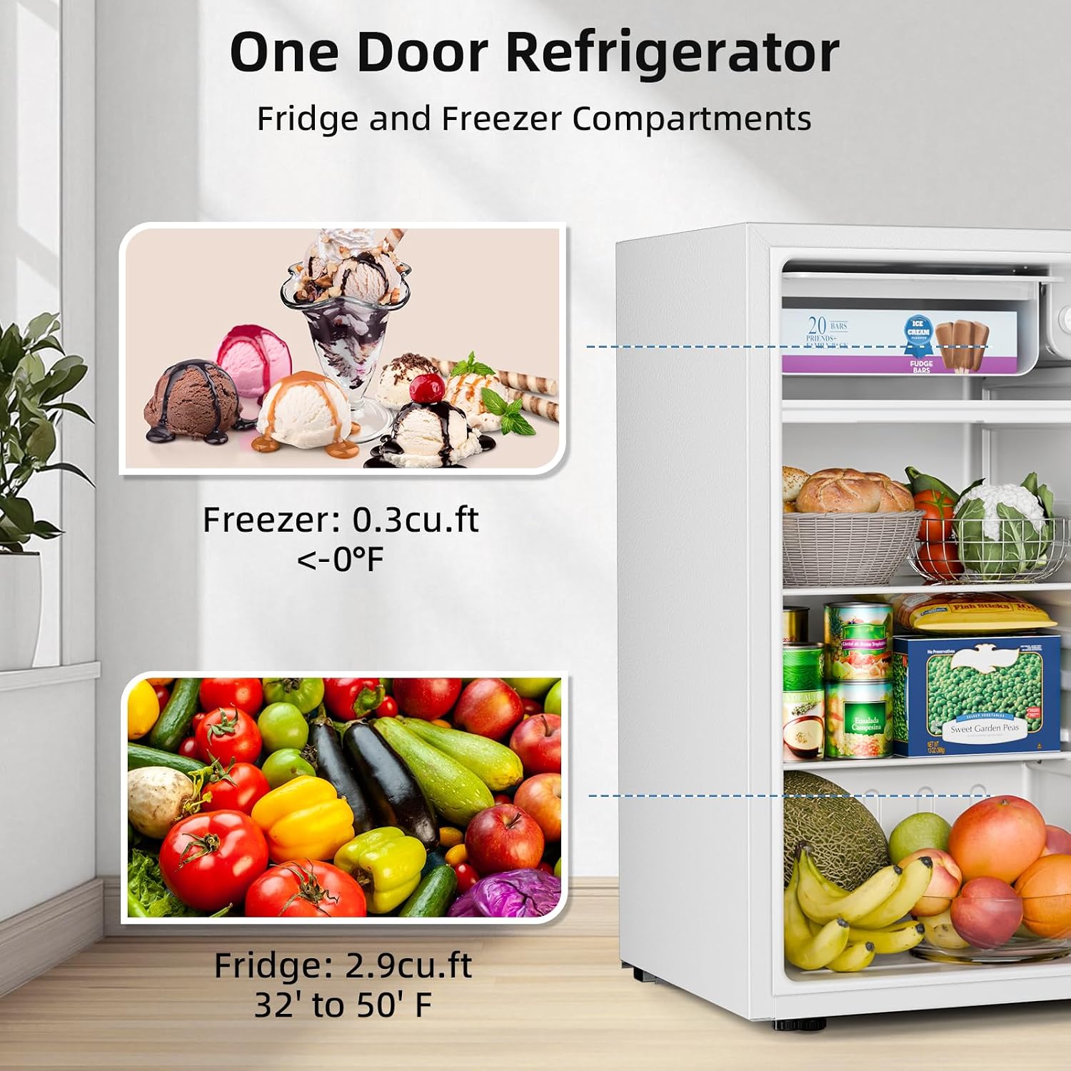 Antarctic Star 3.2 Cu.Ft.Compact Refrigerator with Freezer, Mini Fridge Single Door with Adjustable Thermostat,Removable Glass Shelves for Apartment,Dorm,Office,Kitchen，WHITE