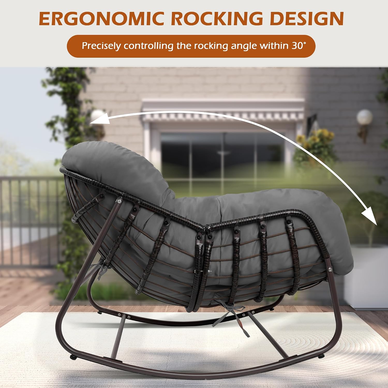 Papasan Rocking Chair Indoor & Outdoor, Oversized Egg-Shaped Papasan Rocker with Cushion & Pillow, All-Weather Wicker Patio Lounge Chair for Garden, Porch, Living Room (Gray)