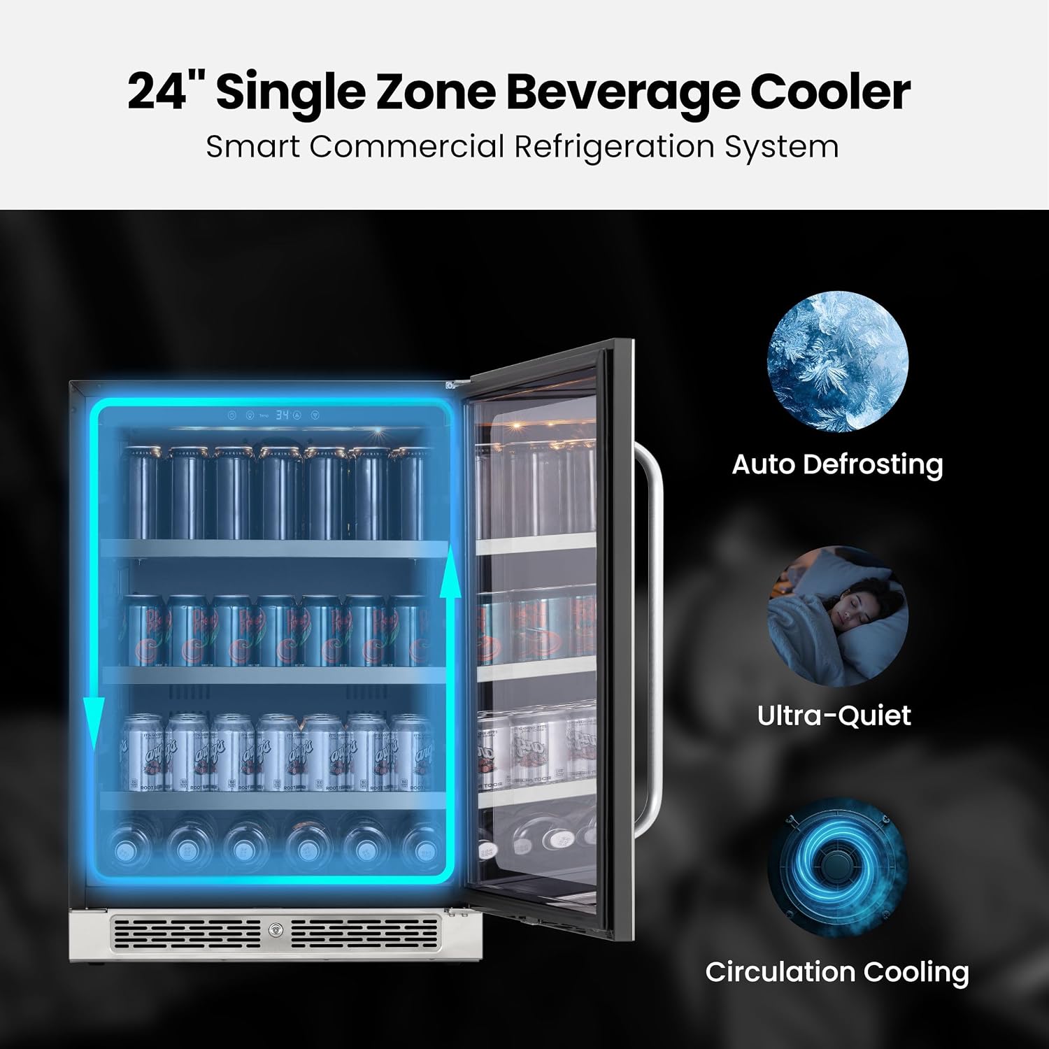 24 Inch Beverage Refrigerator 140 Cans Beverage Fridge, Drink Fridge with Glass Door 3 LED 34-54 ℉ Beverage Coolers Built-in or Freestanding Adjustable Shelves for Home/Kitchen(5.65 cu.ft)