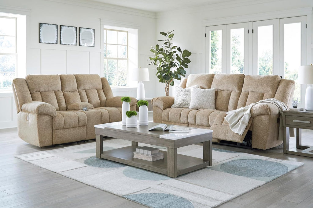 Signature Design by Ashley Tip-Off Classic Wall Hugger Power Reclining Loveseat with Adjustable Headrest, USB Ports, Storage and Cup Holders, Light Brown
