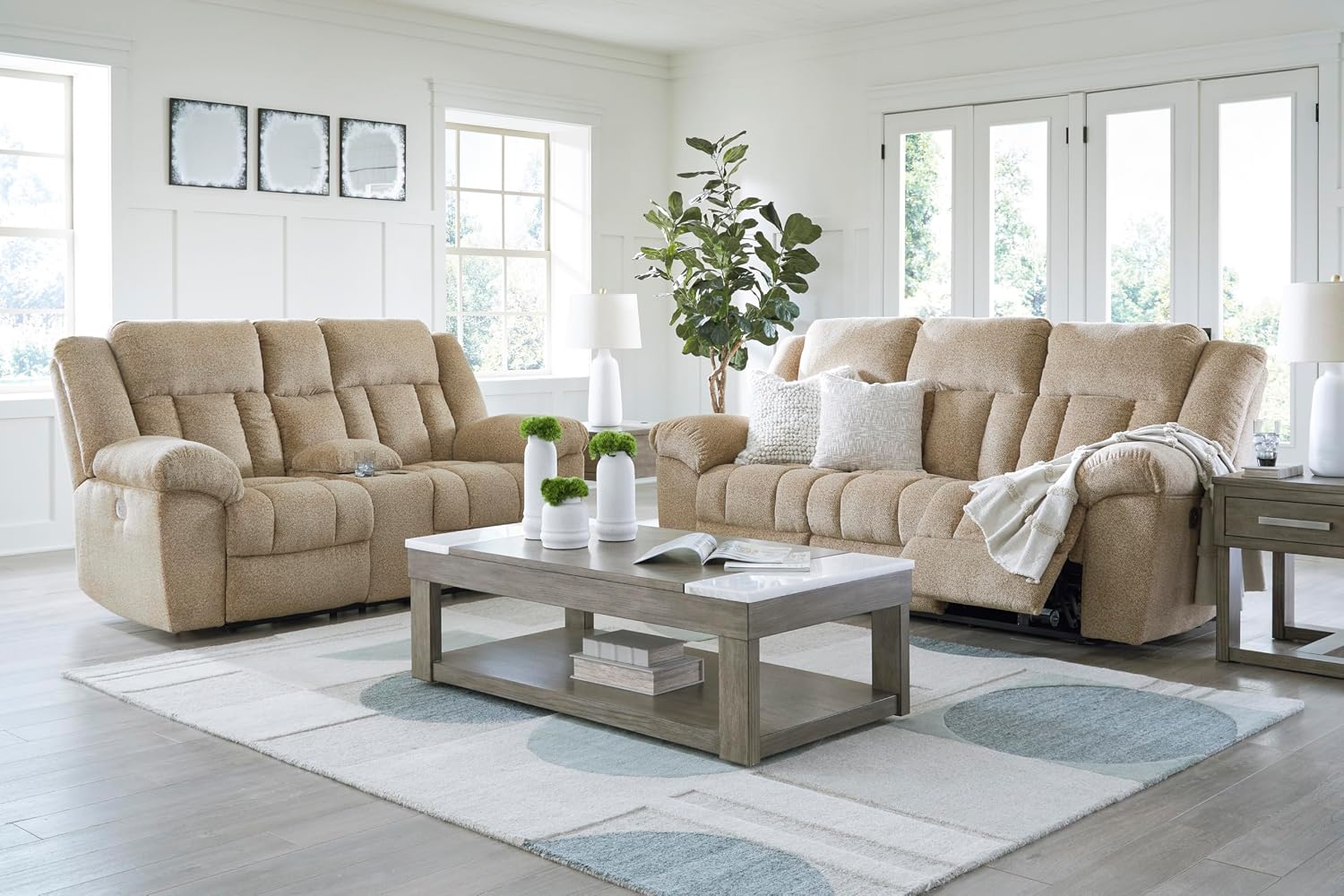 Signature Design by Ashley Tip-Off Classic Wall Hugger Power Reclining Loveseat with Adjustable Headrest, USB Ports, Storage and Cup Holders, Light Brown
