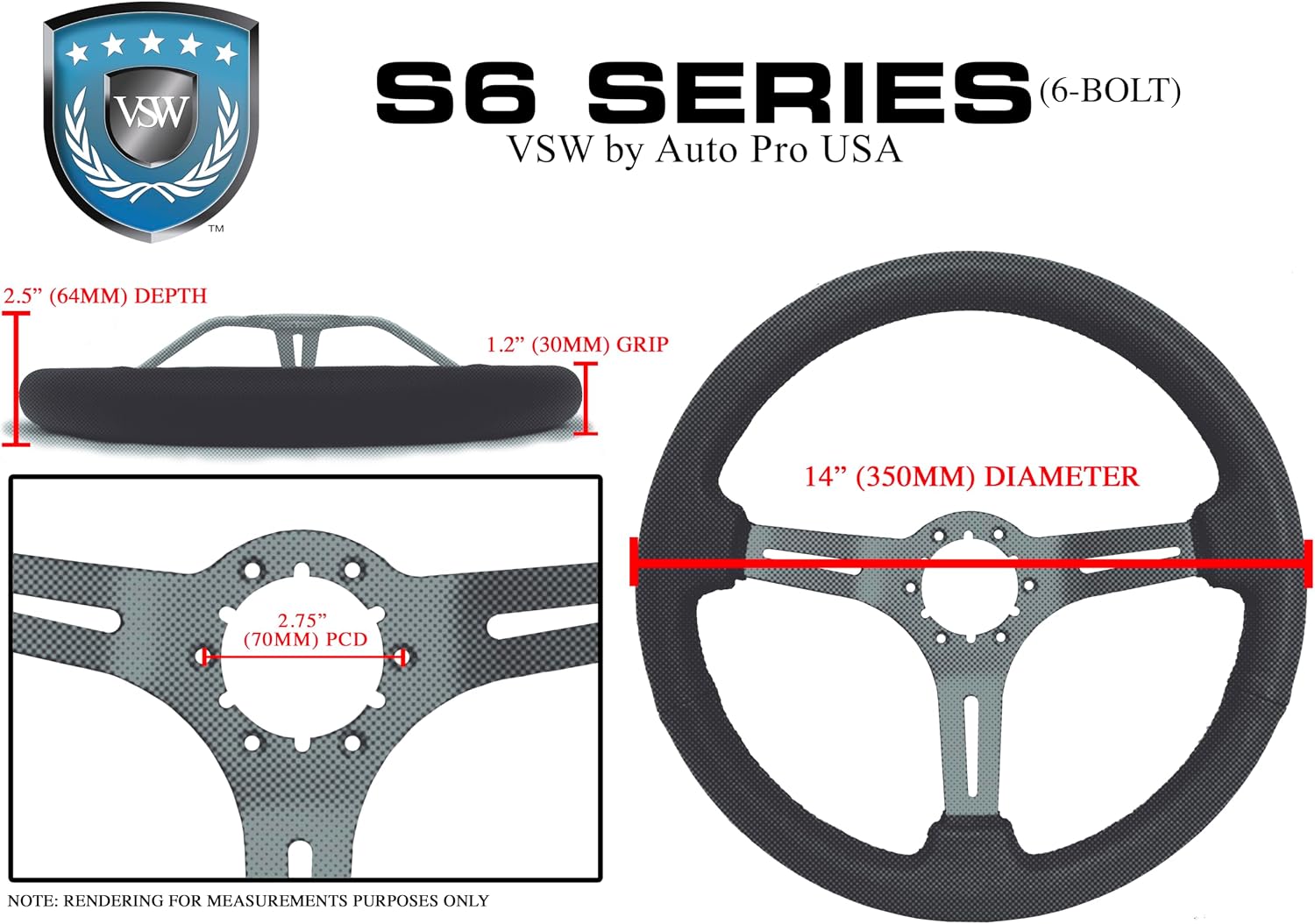 VSW S6 Steering Wheel, Black Leather 6 Bolt Chrome Slotted 3-Spoke ST3012BLK