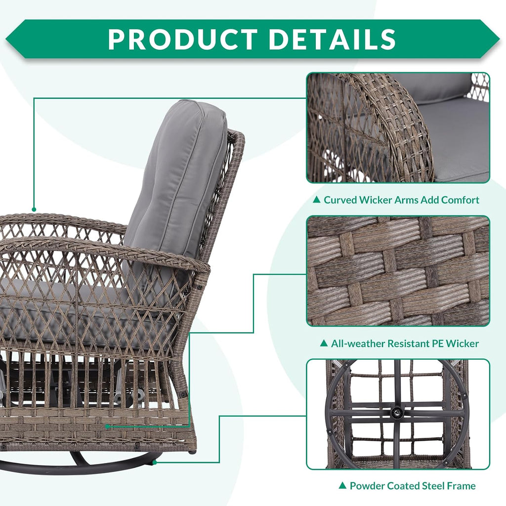 VIVIJASON 5-Piece Outdoor Patio Wicker Conversation Sets, All Weather Outdoor Rattan Furniture Set Includes Glider Loveseat, 2 Coffee Table, 2 Swivel-Gliders Chairs with Cushions, Grey