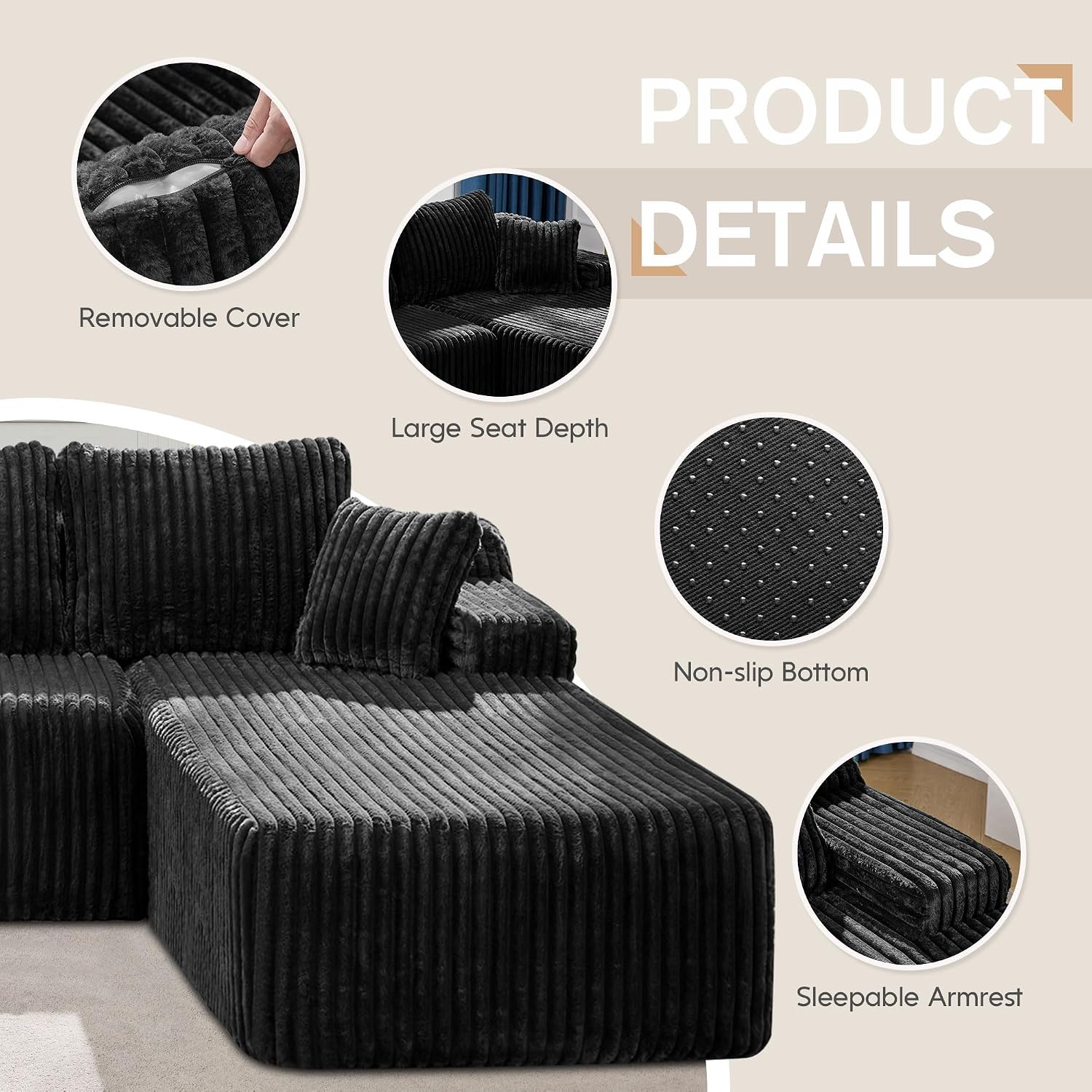 Modular Sectional Sofa Couches L-Shape Couch 3 Seat Modular Sofa Memory Foam Sectional Couches for Living Room, Cloud Couch with Oversized Chaise (Black Stripe, 108' Right Facing Chaise)
