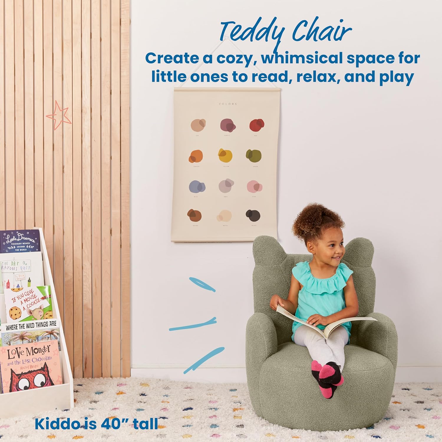 ECR4Kids Teddy Bear Sherpa Toddler Chair, 14in Seat Height, Kids Furniture, Dark Sage