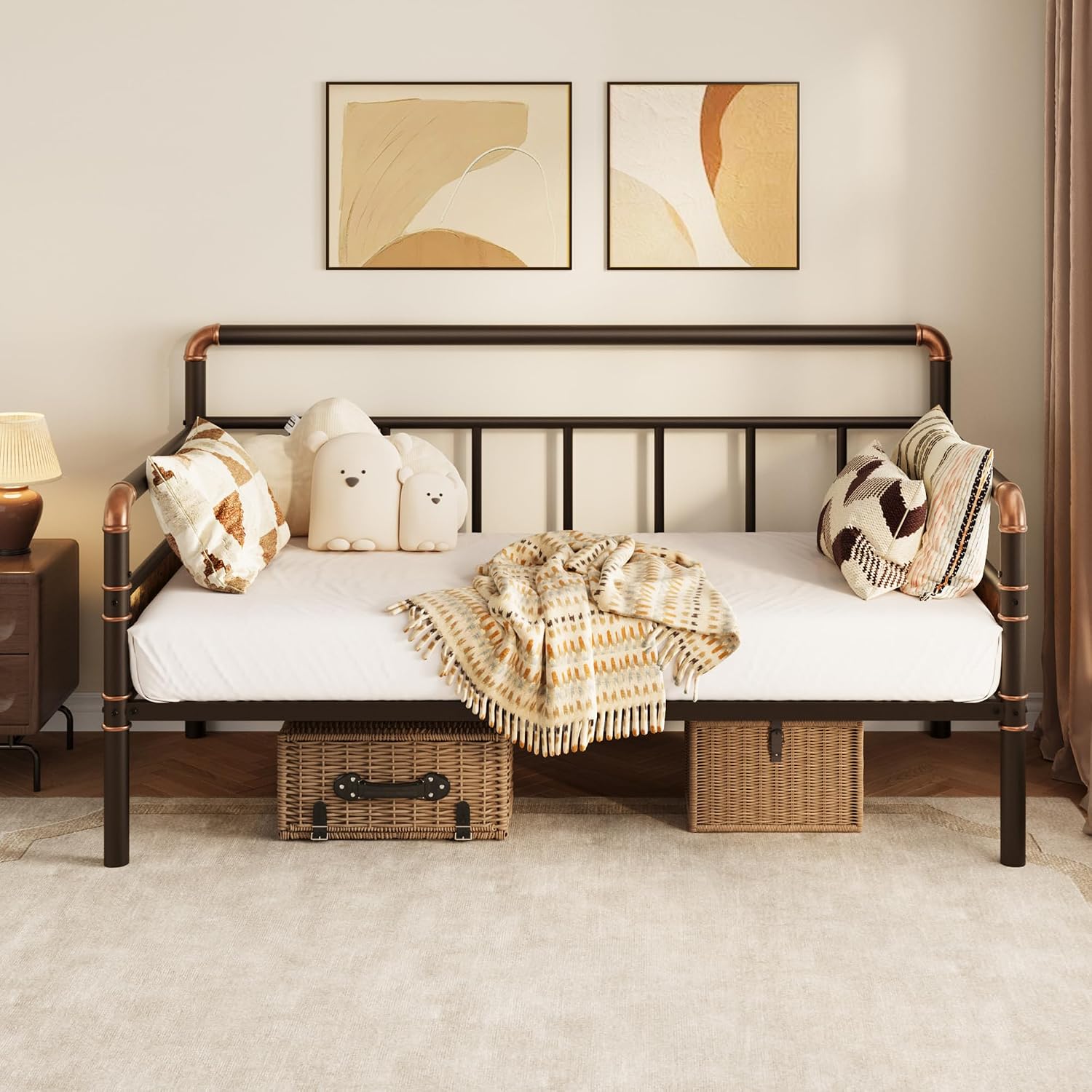 IDEALHOUSE Twin Daybed with Classic Headboard,Metal Twin Bed Frame Heavy Duty Steel Slats Support,Sofa BedFrame for Living Room, Guest RoomNoise Free, No Box Spring Needed, Brown