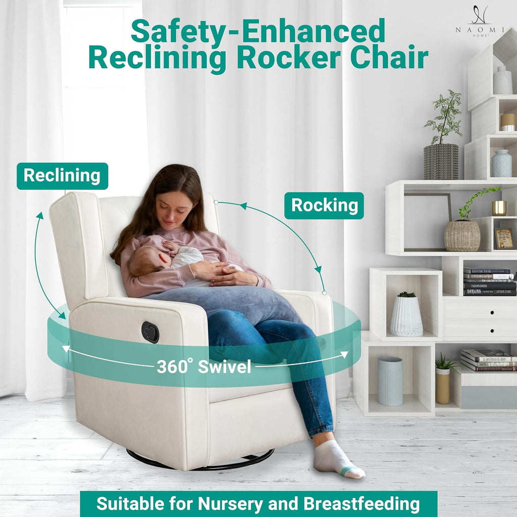 Naomi Home Swivel Rocker Recliner Chair for Adults and Elders, Comfortable Living Room Recliner with 360° Swivel, Manual Reclining with Adjustable Footrest, Ergonomic Back Support