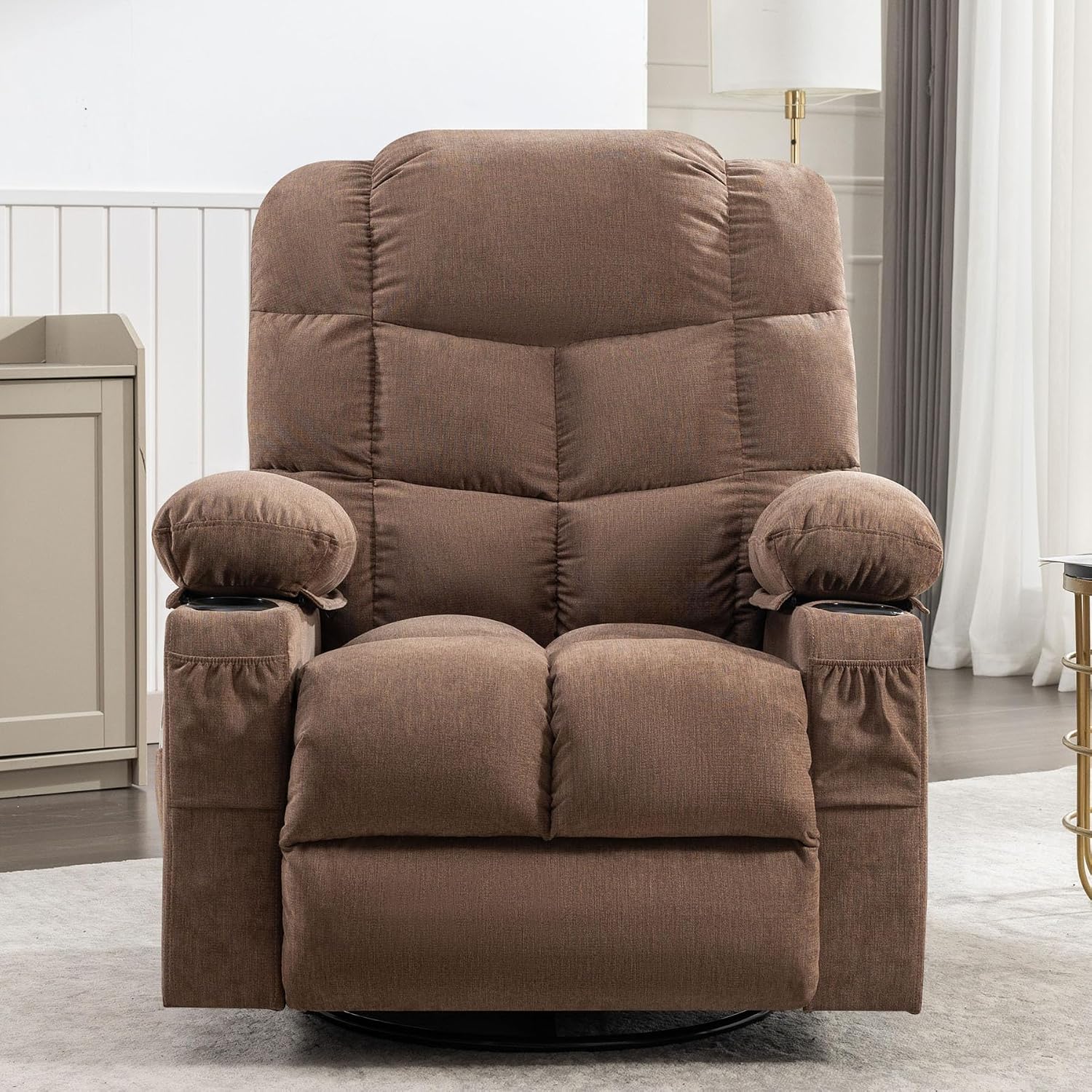 Massage Chair Recliner with Heat&USB,Comfotable Lazy Boy Recliner Chair with Cup Holder&2 Side Pockets,Manual Recliner Chair for Adults,Bread-Shaped,Heavy Duty,Fabric (Brown2)