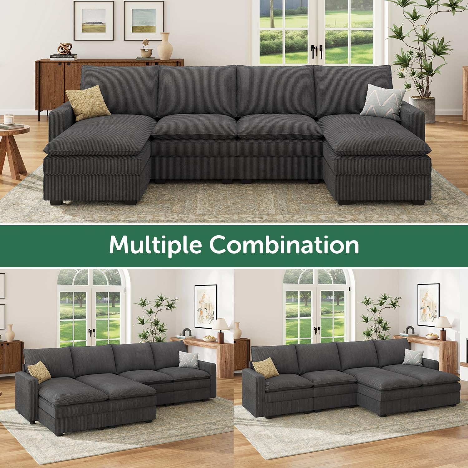 HONBAY 127.2 Inch Corduroy Cloud Modular Sectional Sofa with Chaise, Deep Seat U-Shaped Couch with Storage for Living Room, Apartment, Small Space,Dark Grey