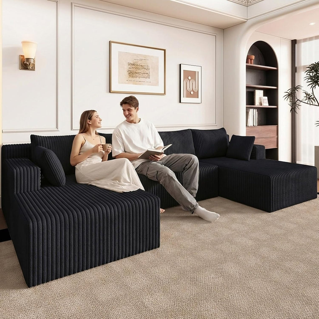 124' Modular Sectional Sofa, Modern Corduroy Cloud Couch with Deep Seat, Boneless Couch Upholstered 4-Seater U-Shaped Sofa for Living Room, No Assembly Required (Black)