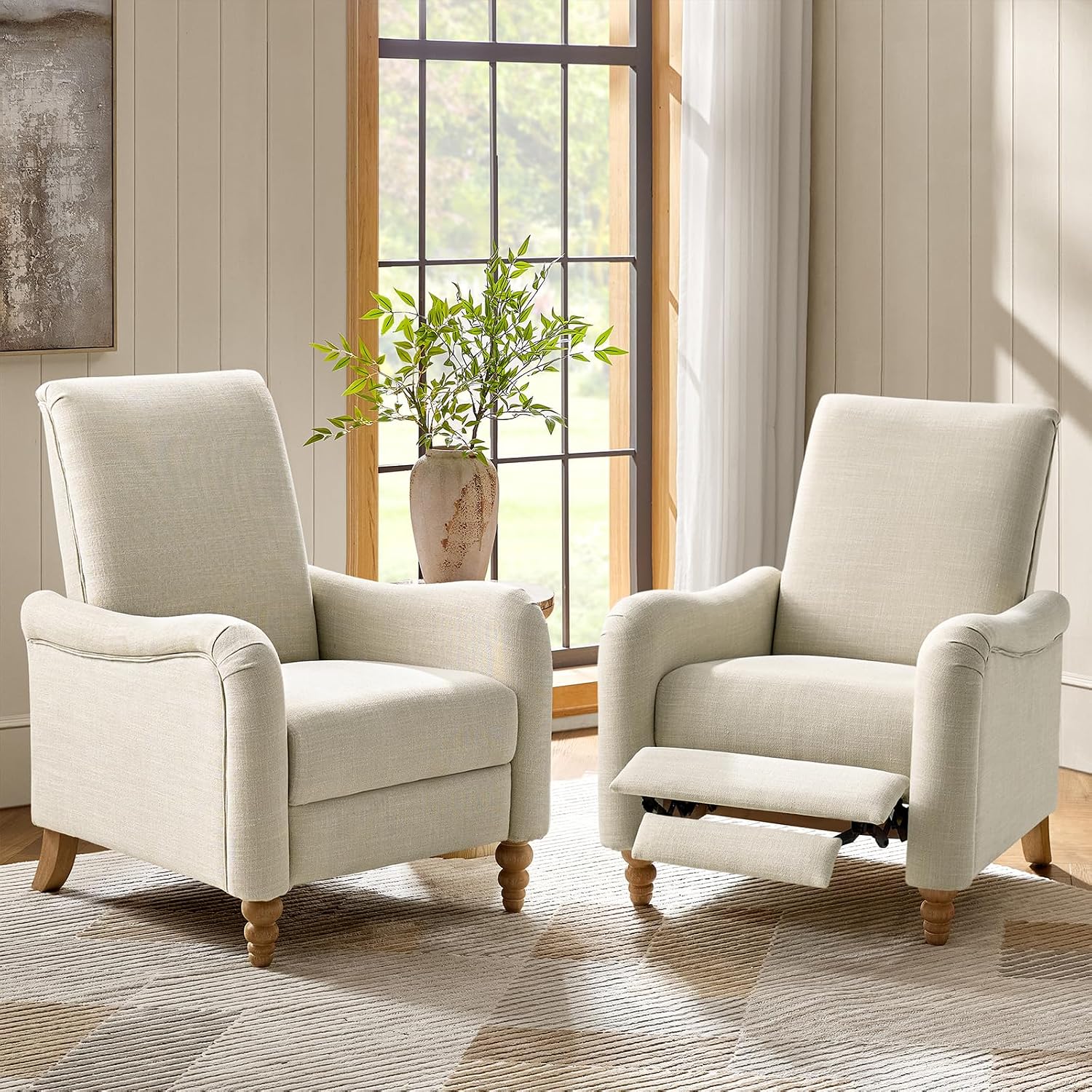 HULALA HOME Farmhouse Recliner Chairs Set of 2 with Solid Wood Spindle Legs, Curved Push Back Recliner Armchairs with Adjustable Backrest & Footrest, Comfy High Back Lazyboy Single Sofas, Linen