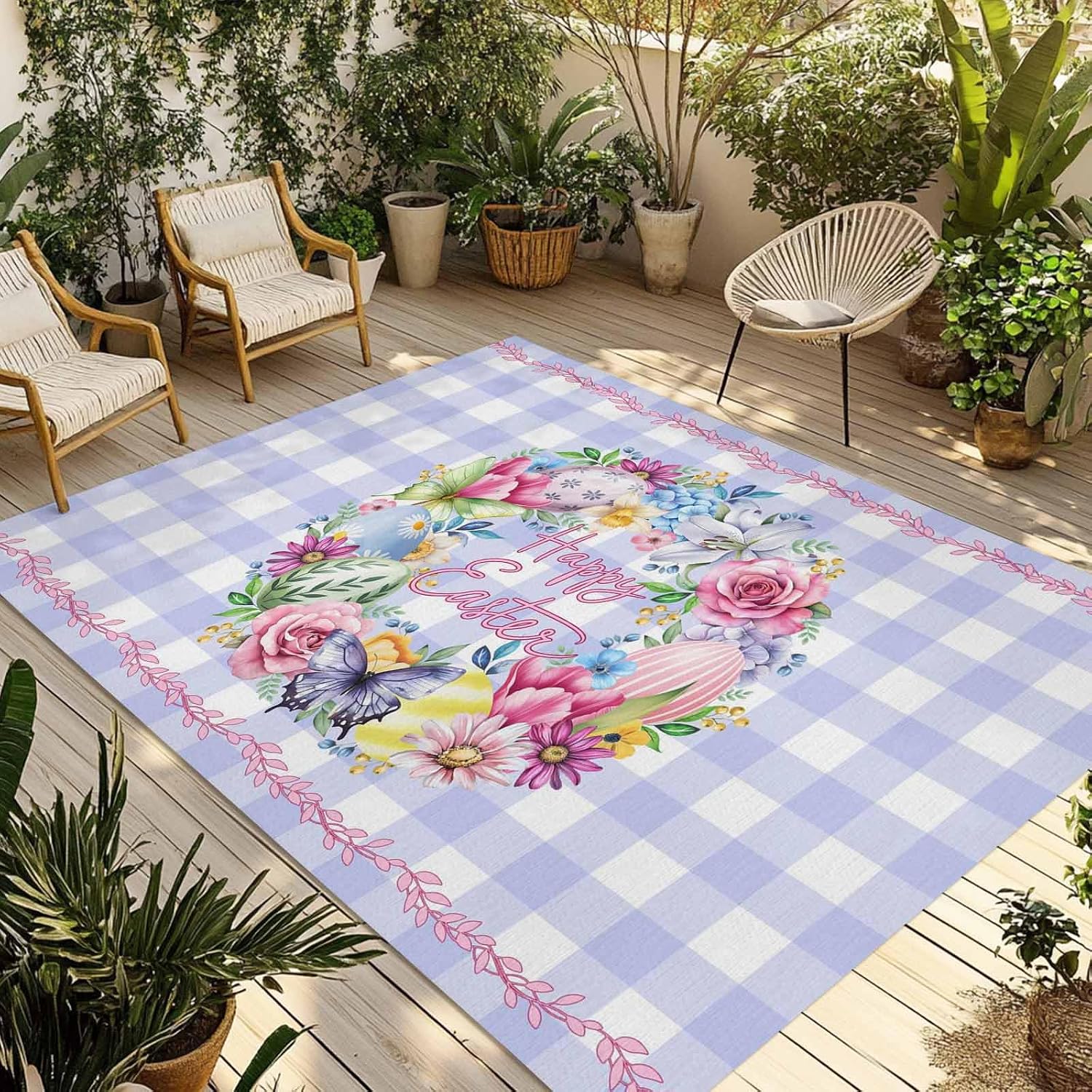Happy Easter Outdoor Rug for Patio/Deck/Porch, Non-Slip Large Area Rug 4 x 6 Ft, Colorful Eggs Flowers Butterfly Purple Plaid Indoor Outdoor Rugs Washable Area Rugs, Camping Rug Carpet Runner