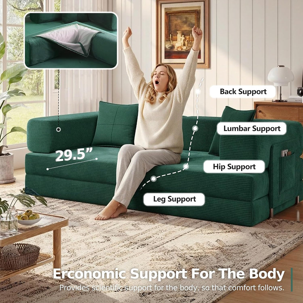 MoonSpeak 78.8''Sleeper Couch Bed for Livingroom,Convertible Modular Sofa with Armrest Pillow,Modular Foldable Corduroy Couches in a Box,No Assembly (Emerald Green)