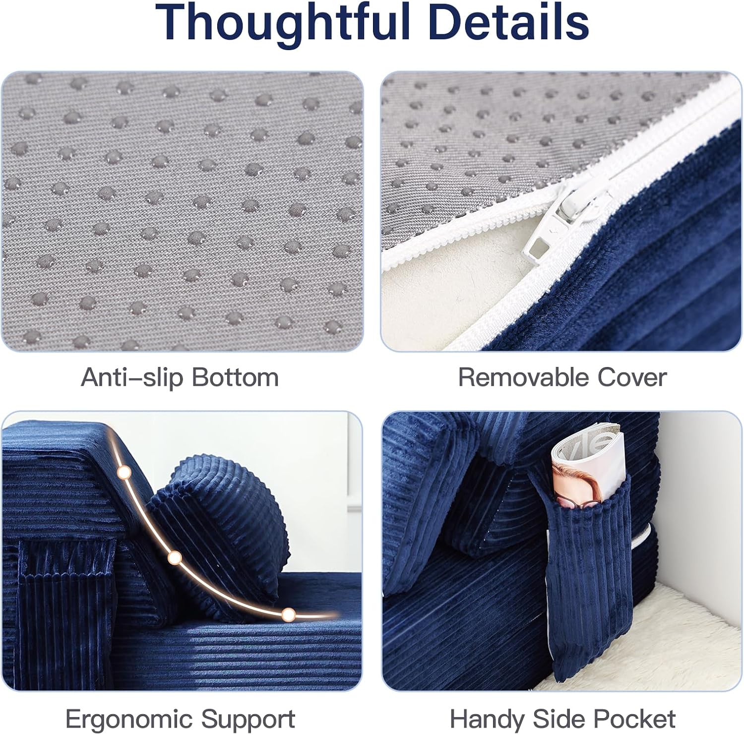 Folding Sofa Bed with Pillow, Convertible Sleeper Chair, Comfy Floor Futon Couch Mattress Lounge Sofa for Adults Portable Fold Out Chair Bed for Living Room Bedroom, Single, Navy Blue