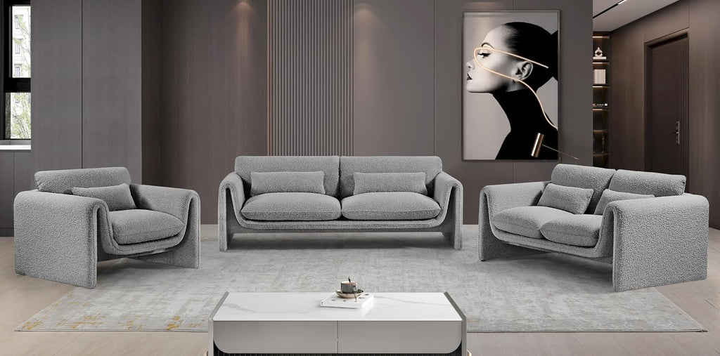 Meridian Furniture 198Grey-S Stylus Collection Modern | Contemporary Boucle Fabric Upholstered Sofa with Rich Grey Boucle Fabric, Curved Arms, 86' W x 38' D x 31' H, Grey