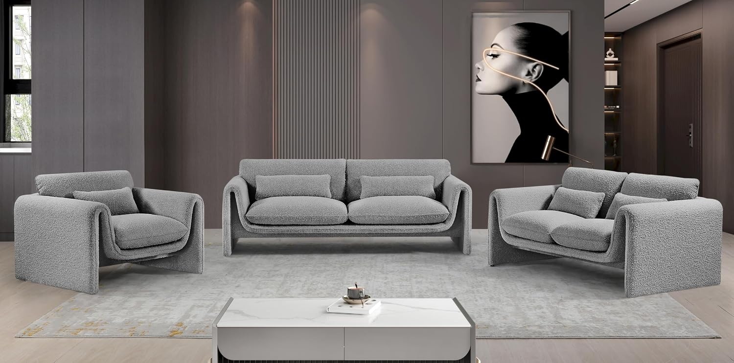 Meridian Furniture 198Grey-S Stylus Collection Modern | Contemporary Boucle Fabric Upholstered Sofa with Rich Grey Boucle Fabric, Curved Arms, 86' W x 38' D x 31' H, Grey