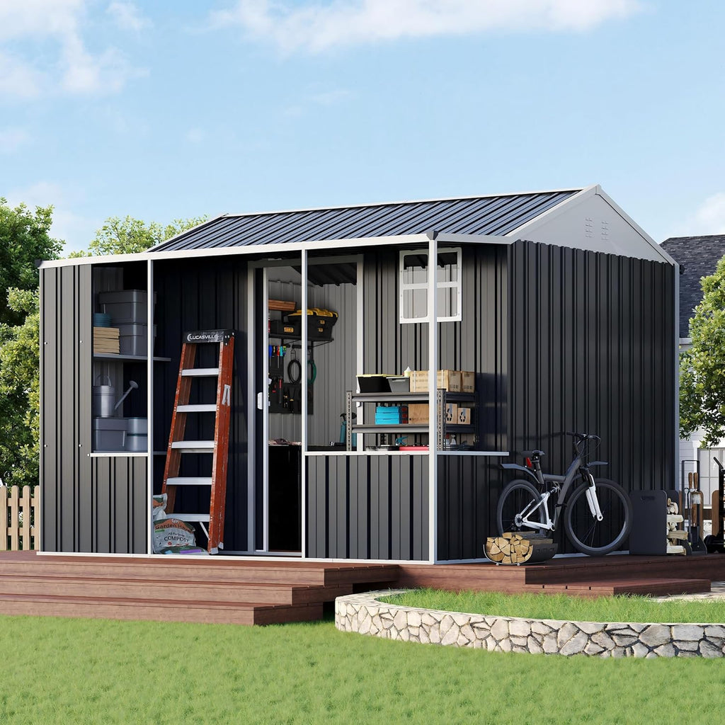 VanAcc 9x9x7 FT Metal Storage Shed, Dual-Zone Tool Shed with Work Area, Reinforced Frame, Gable Roof, Ventilated Design, Dark Grey