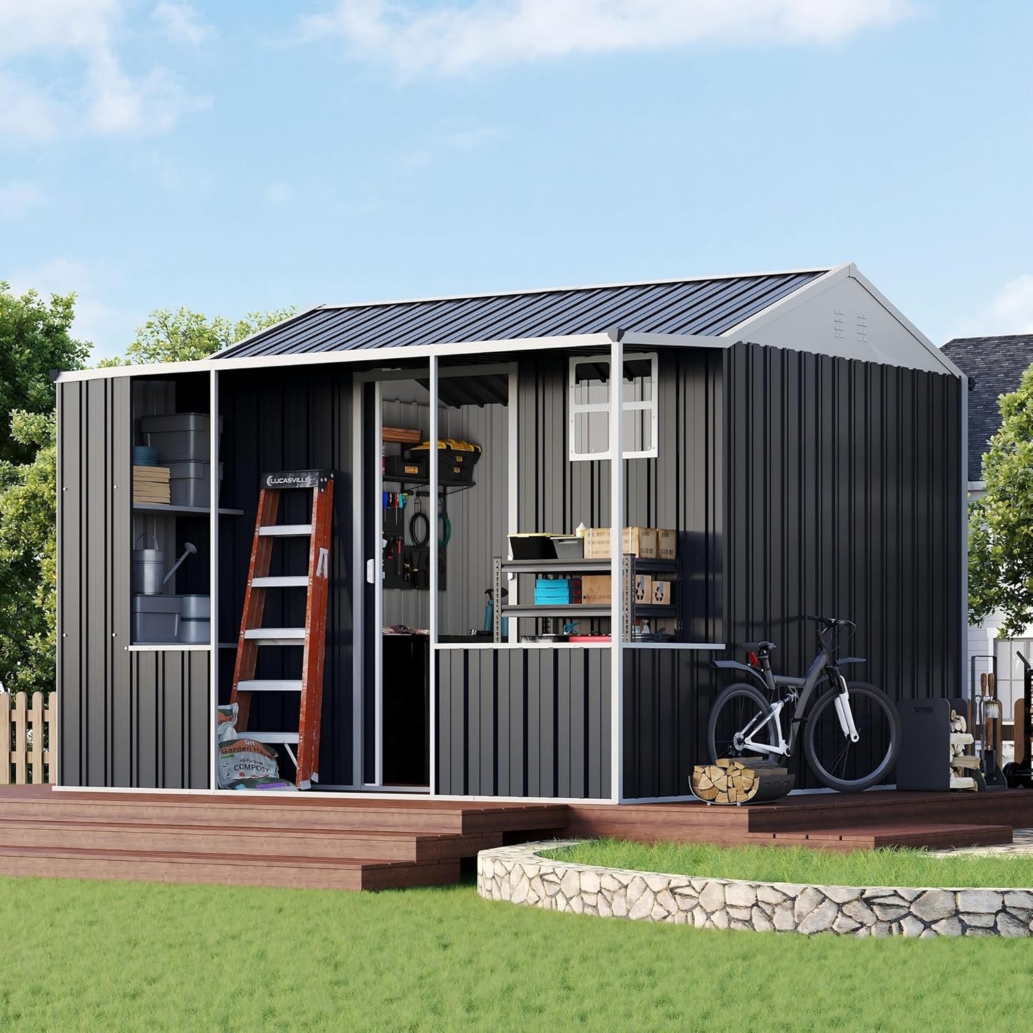 VanAcc 9x9x7 FT Metal Storage Shed, Dual-Zone Tool Shed with Work Area, Reinforced Frame, Gable Roof, Ventilated Design, Dark Grey