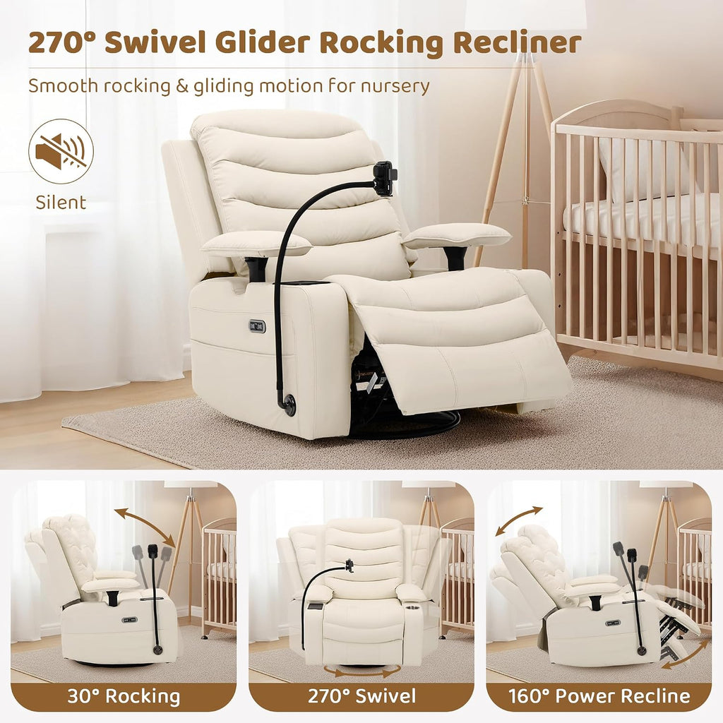 Olela Power Glider Recliner Nursery Chair, Oversized Leather Swivel Rocking Chair with Electric Lumbar Support, USB Charging, Smart Cup Holder, Light, Adjustable Armrest, Wireless Phone Charger Holder