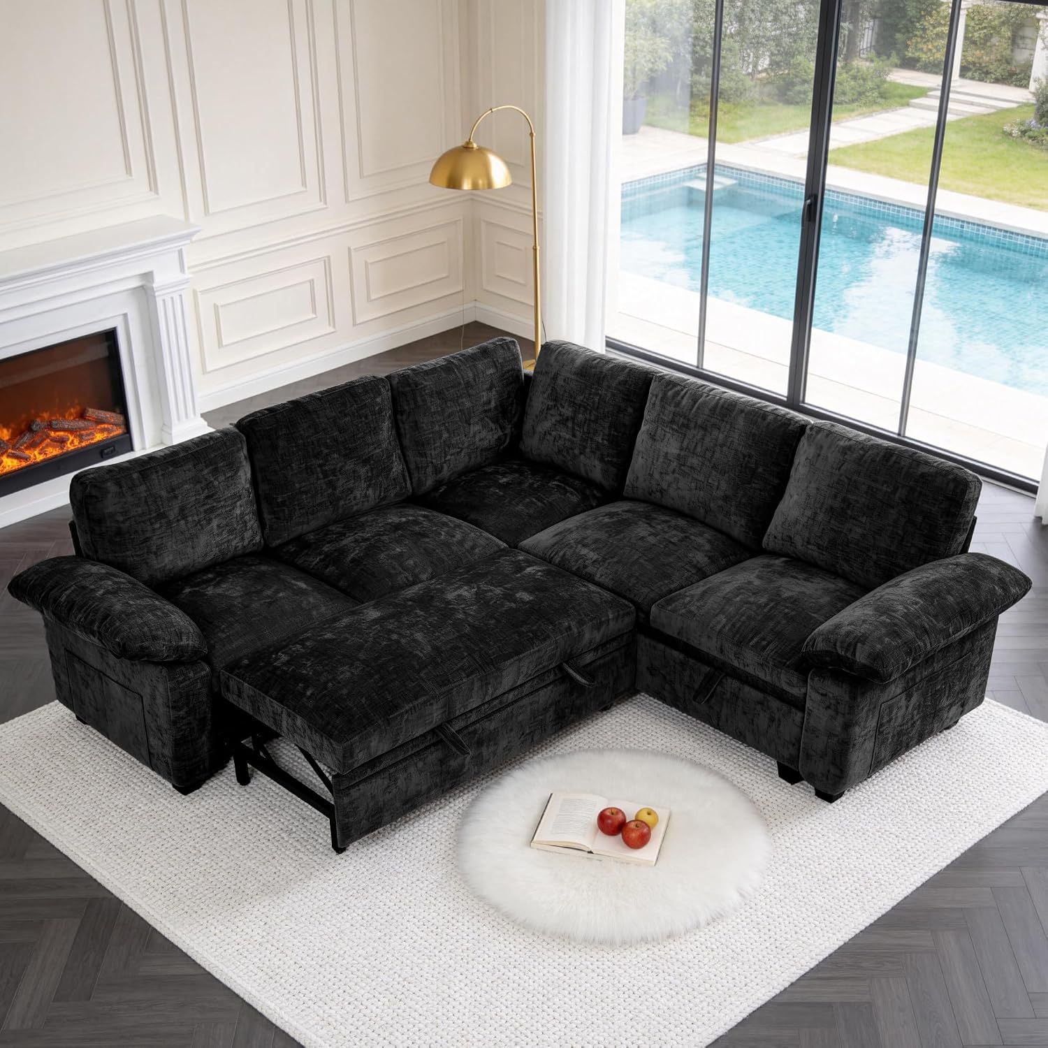86 Inch Sectional Sleeper L Shaped Sofa with Pull Out Bed, Modular Sectional Sofa with Storage, Modern Chenille Cloud Couch, Sectional Couches for Living Room, Black