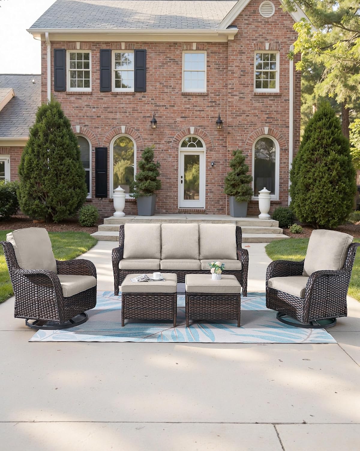 Pop 22x25/22x24 Outdoor Replacement Cushions - 1 Set High Back Deep Seat Patio Furniture Cushion for Wicker Dining Swivel Rocking Chairs Rattan Loveseat Couch Sectional Sofa - Beige/Classic