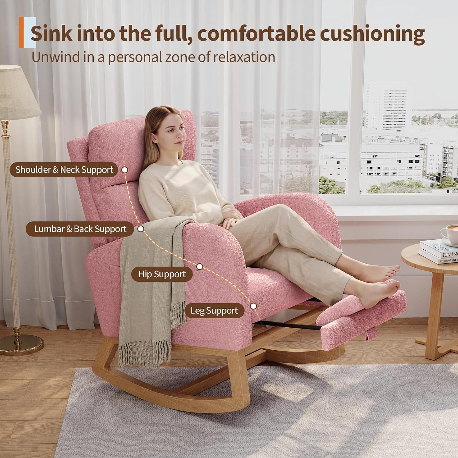 GarveeHome Rocking Chair, Modern Nursery Glider Chair with Side Pockets and Pillow, Rocker Chair for Living Room Bedroom Nursing Room, Pink