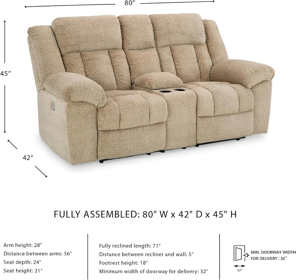 Signature Design by Ashley Tip-Off Classic Wall Hugger Power Reclining Loveseat with Adjustable Headrest, USB Ports, Storage and Cup Holders, Light Brown