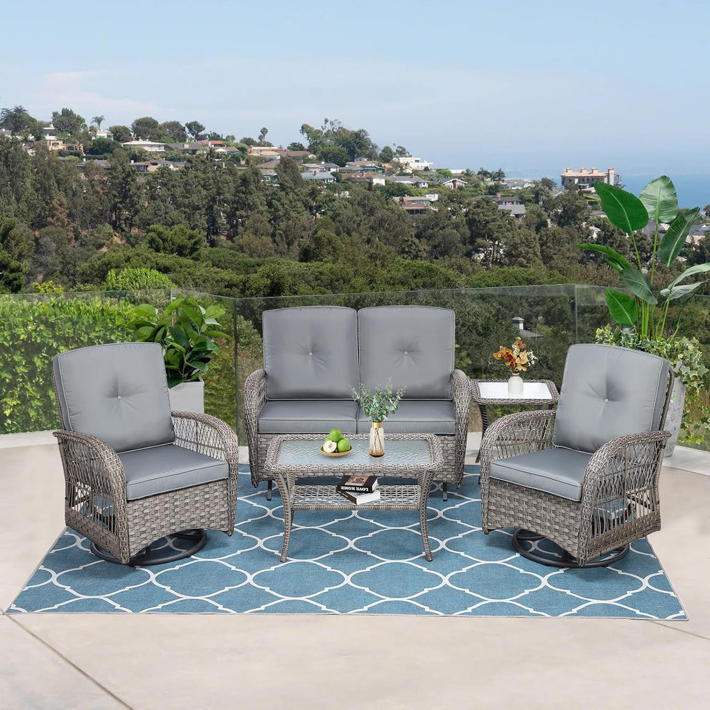 VIVIJASON 5-Piece Outdoor Patio Wicker Conversation Sets, All Weather Outdoor Rattan Furniture Set Includes Glider Loveseat, 2 Coffee Table, 2 Swivel-Gliders Chairs with Cushions, Grey