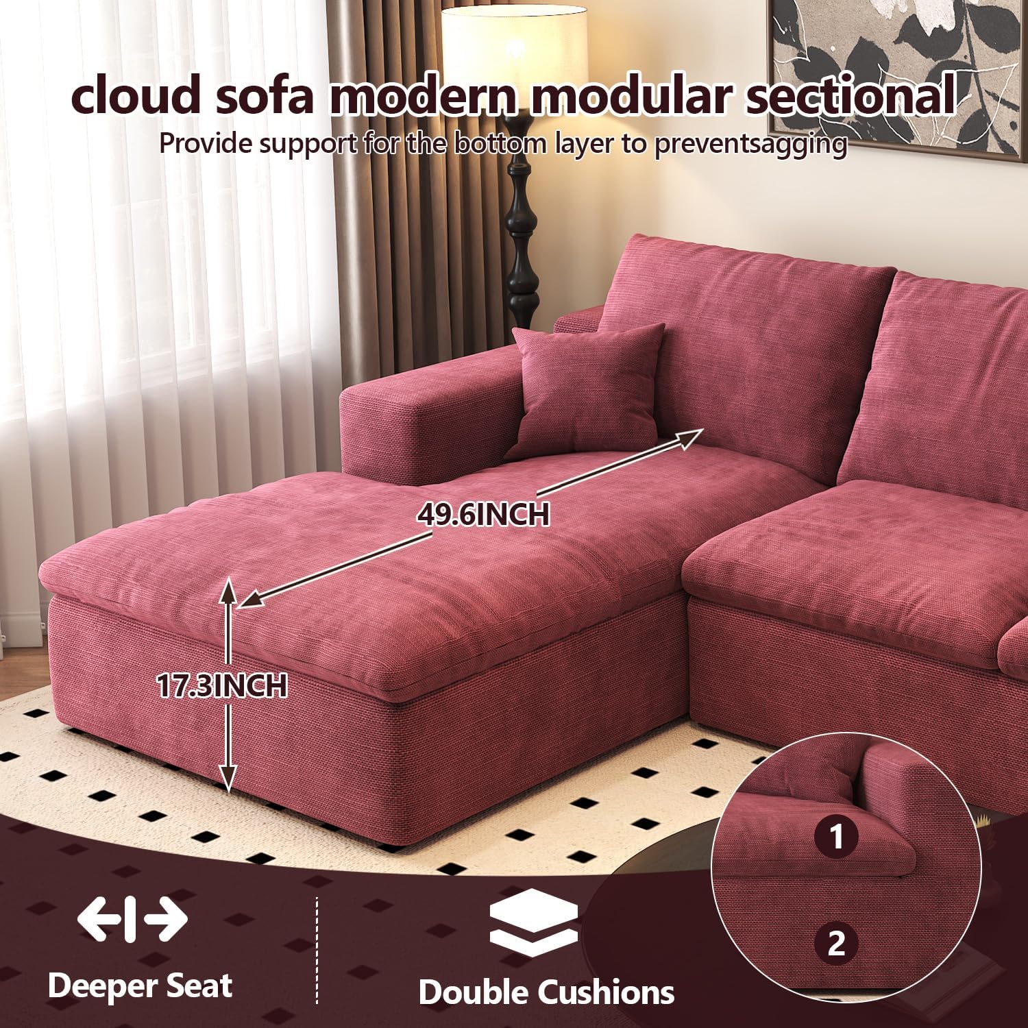 136.6'' U-Shaped Modern Modular Sectional Cloud Couch Whit Ottoman, 4-Seat Chenille Deep-Seat Sofa with Pillow for Living Room, Bedroom, Apartment, Wine Red