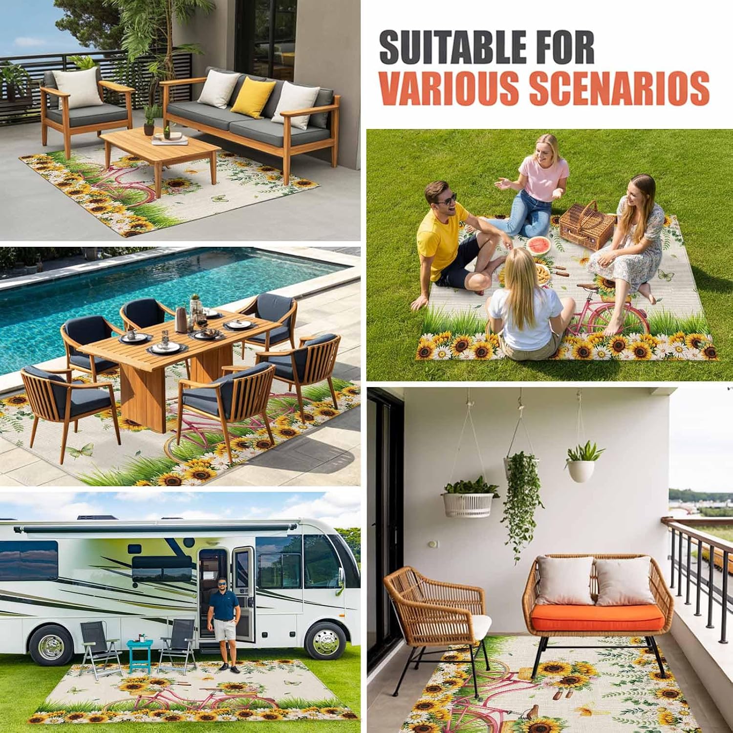 Spring Outdoor Rug for Patio/Deck/Porch, Non-Slip Large Area Rug 4 x 6 Ft, Bicycles Botanical Sunflowers Leaves Butterfly Indoor Outdoor Rugs Washable Area Rugs, Reversible Camping Rug Carpet Runner