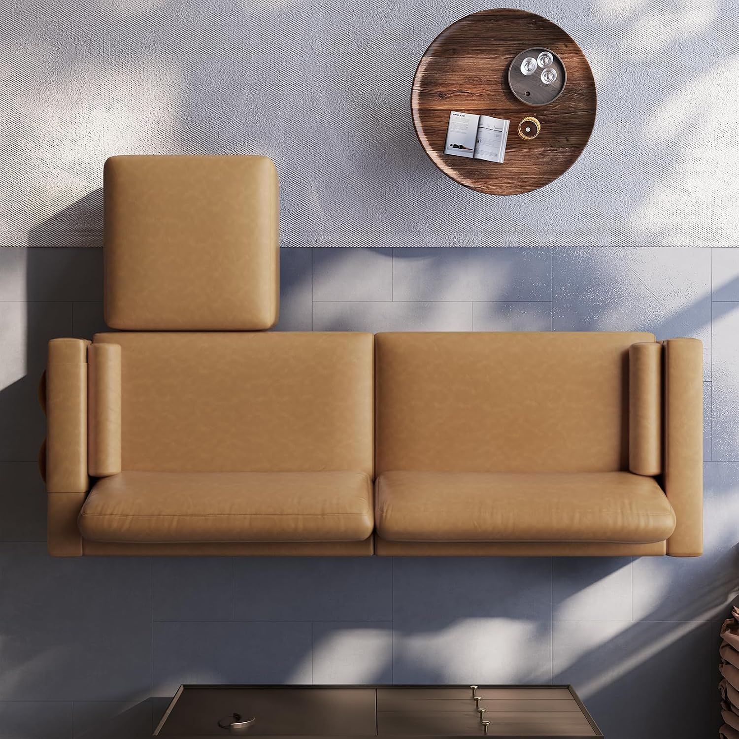 Vesgantti 100' Faux Leather Sofa with Movable Ottoman, Large 2 Seater L Shaped PU Leather Couch with Side Pocket, Comfy Mid Century Modern Modular Sectional Sofa for Living Room, Apartment, Camel