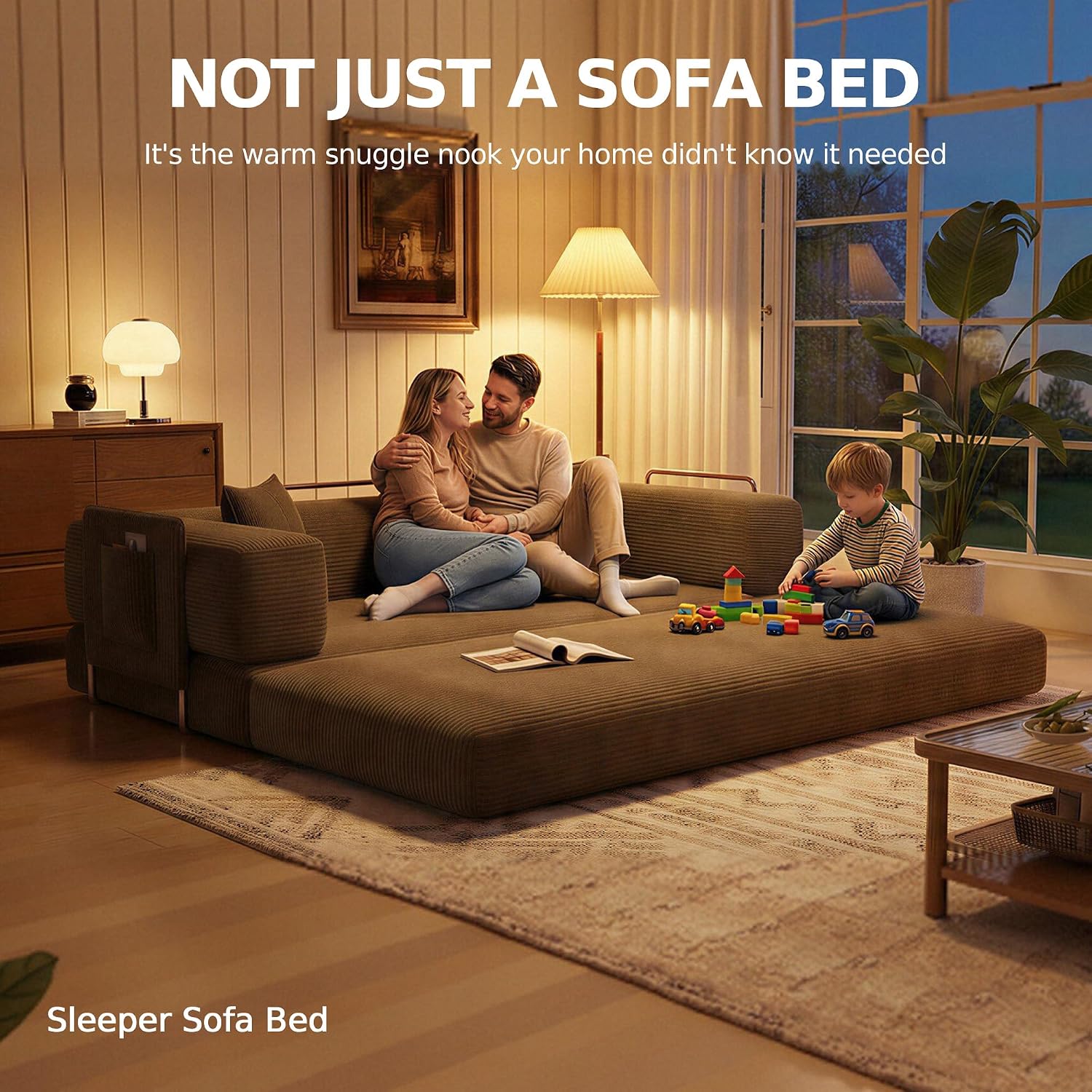 MoonSpeak 78.8''Sleeper Couch Bed for Livingroom,Convertible Modular Sofa with Armrest Pillow,Modular Foldable Corduroy Couches in a Box,No Assembly (Brown)