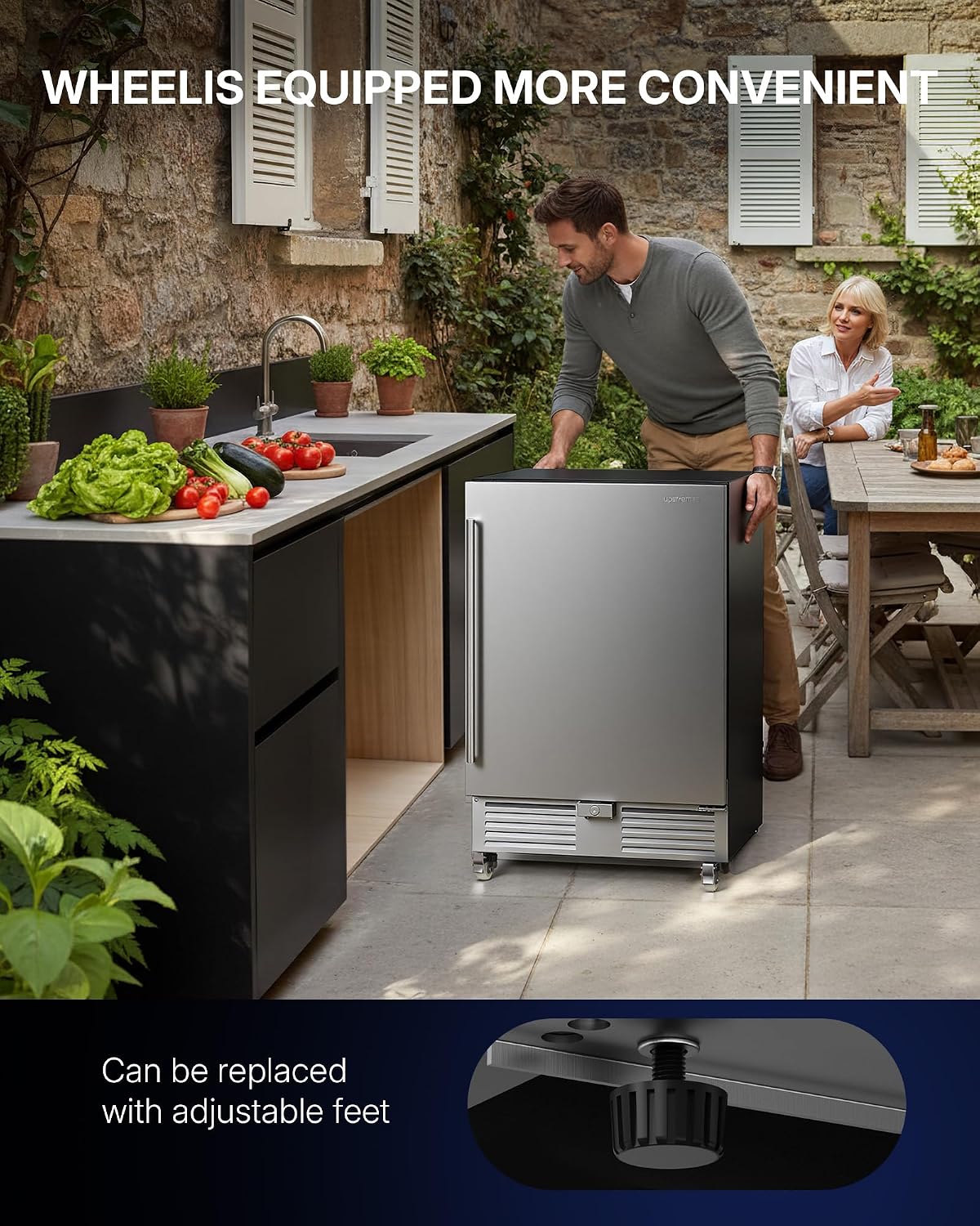 Upstreman 24 Inch Outdoor Refrigerator, 170 Can Under Counter Refrigerator with Stainless Steel Door, Weatherproof, LED Light, Beverage Fridge for Home, Patio or Commercial Use-BR50