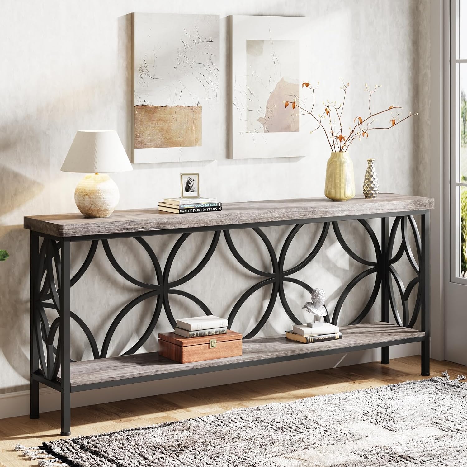 LITTLE TREE Sofa Table, 70.9 Inch Industrial Behind Couch Table with Storage Shelves, Narrow Long Console Table for Entryway, Living Room, Foyer, Hallway, Office