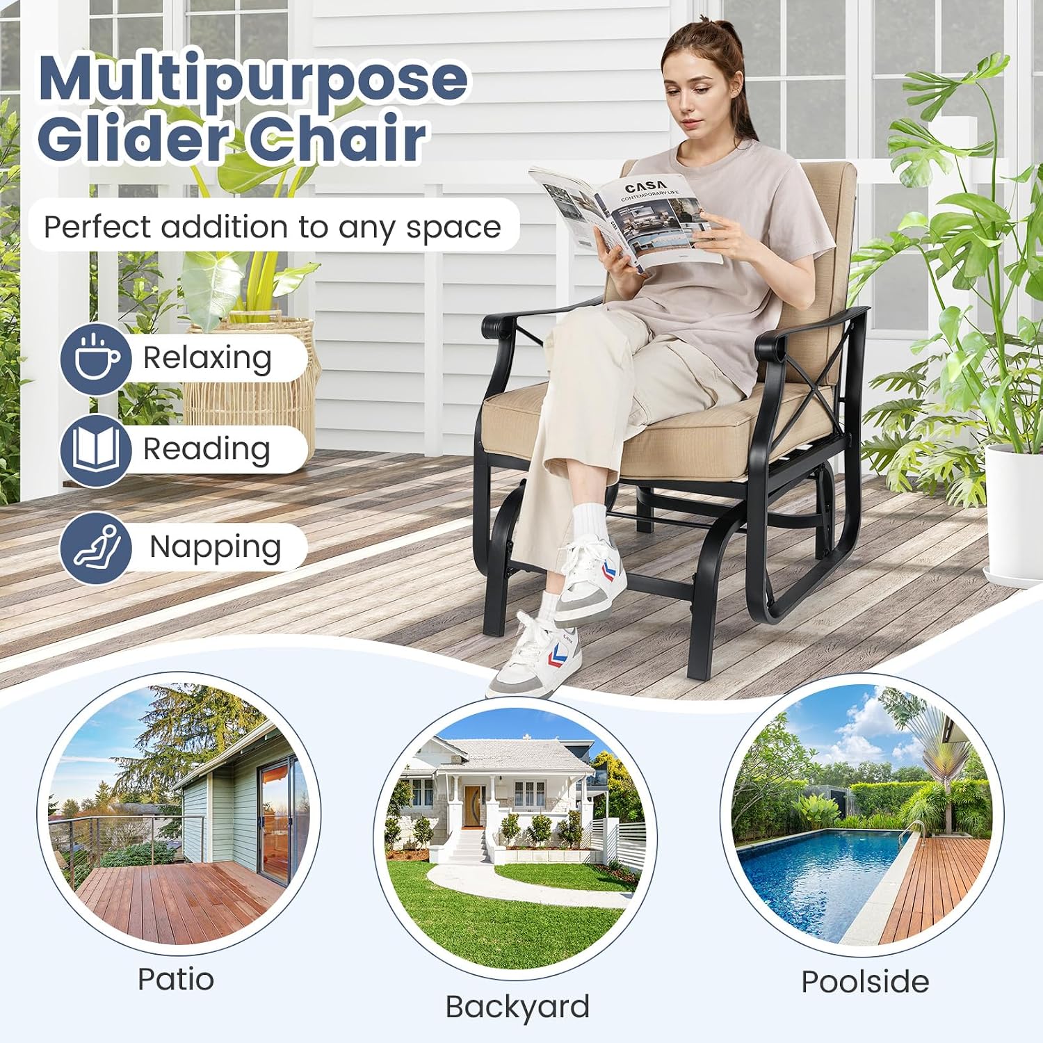 Giantex Outdoor Glider Rocking Chair, Patio Glider with Thick Removable Seat and Back Cushion, Non-Slip Foot Pads, Heavy-Duty Metal Frame, Outdoor Swing Rocking Chairs for Porch, Garden, Yard, Lawn