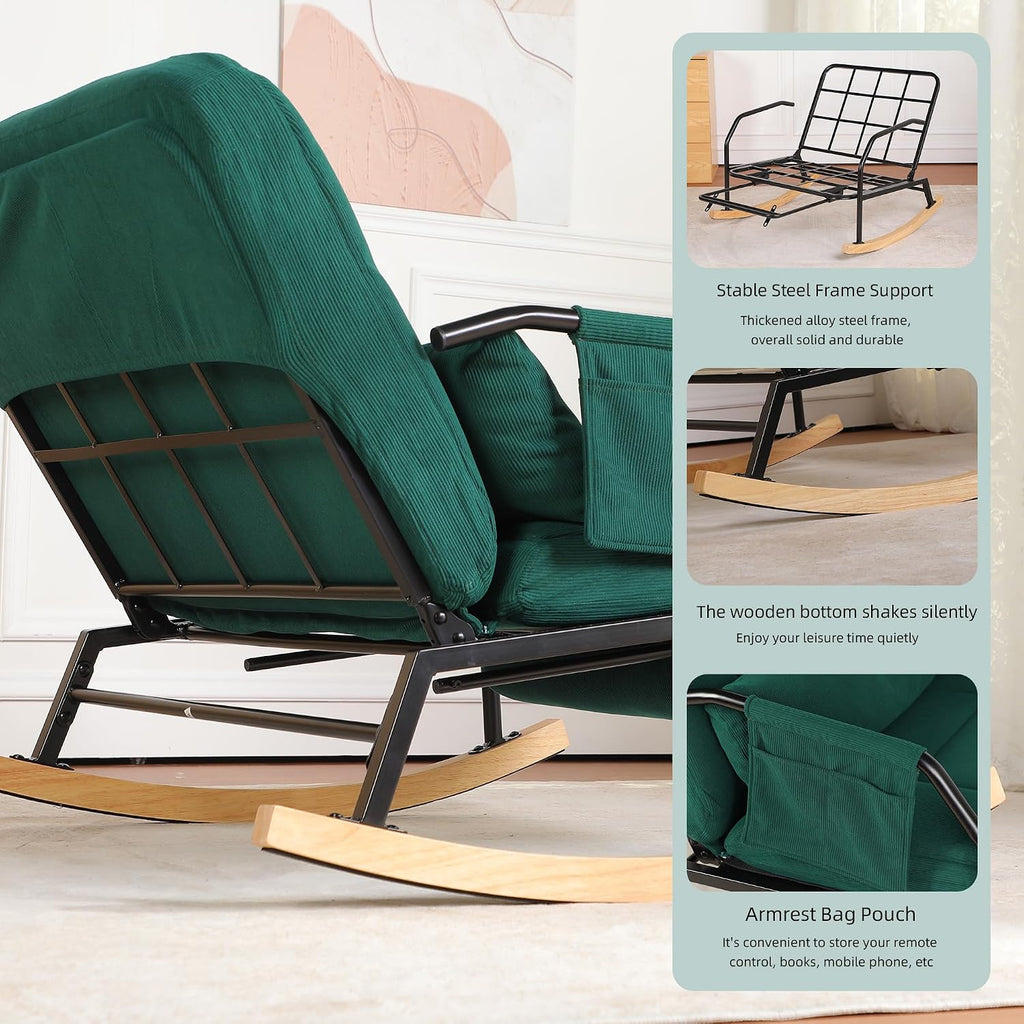 Oversized Rocking Chair, Extra-Wide Glider Patio Rocker Chairs with Foot Rest, Padded Cushion, Adjustable Backrest, Mental Wooden Farm, Indoor/Outdoor Living Room Bedroom Balcony Porch, Green
