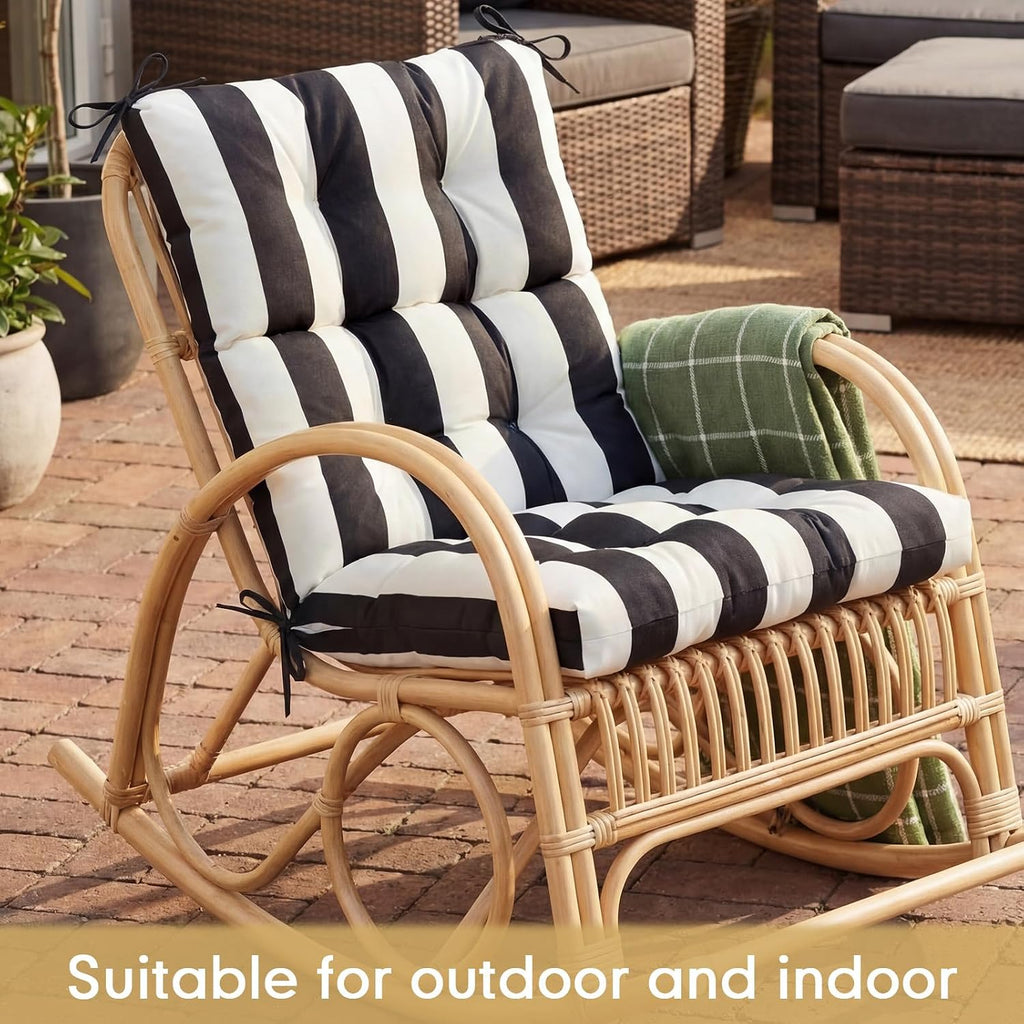Hoteam 4 Pcs High Back Chair Cushions Set - 44'' x 21'' Indoor Outdoor Waterproof Soft Thicken Stripes Replaceable Cushion for Garden Summer Rocking Chair, Patio Furniture (Black Stripes)