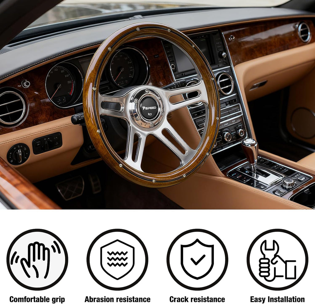 14 inch Mahogany Solid Wood Steering Wheel 6 Bolt 4 Spoke Chrome Aluminum | Vintage Real Wood Grain Steering Wheel with Horn Button for Vintage Car for Racing for Classic Car boat steering wheel