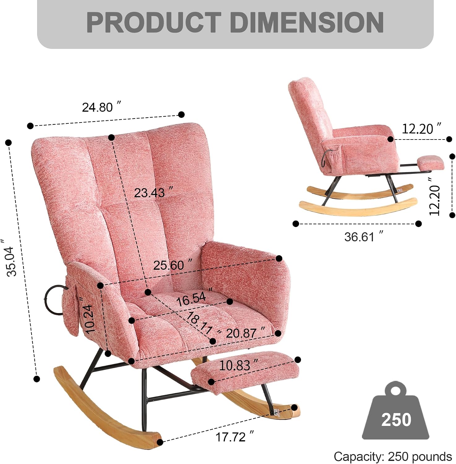 Rocking Chair Nursery with Airbag, Comfy Modern Nursery Rocking Reading Chair Indoor with Footrest, Cozy Upholstered Glider Rocker Chairs for Living Room Bedroom Offices(Chenille, Pink)