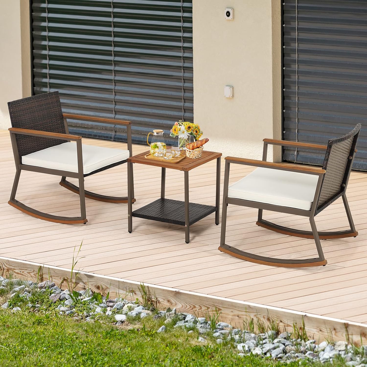 Outdoor Rocking Chair Set, 3 Pieces Patio Set Rocking Chair with Coffee Table & Cushions, Patio Wicker Furniture Set Outdoor Bistro Set for Balcony, Porch & Backyard (White)