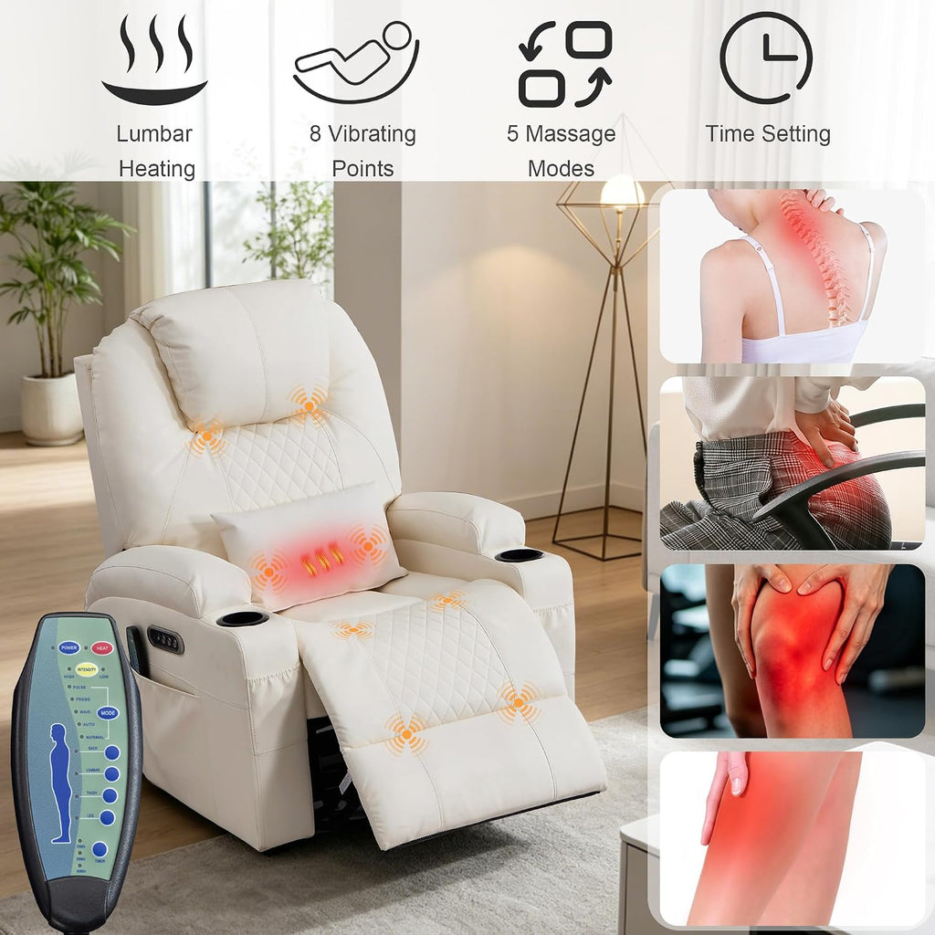 AHMED Rocking Recliner Nursery Chair, Dual Motor Power Swivel Glider Recliner with Heat & Massage, Nursery Recliner Chair with USB A/C Ports, Cup Holders & LED Light for Living Room & Bedroom, Beige
