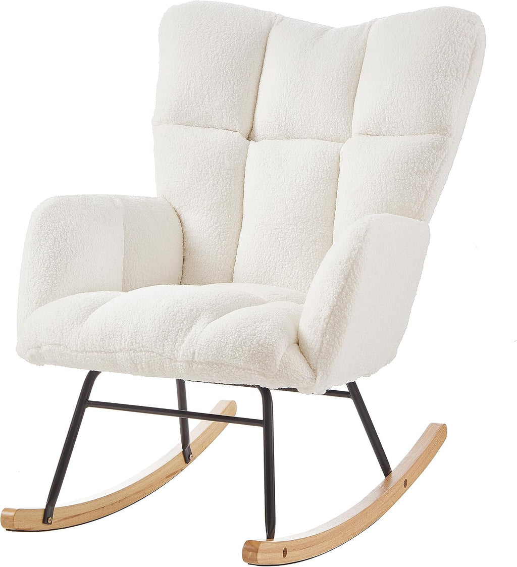 Glider Chair for Living Room & Nursery, Tufted Upholstered Teddy Rocking Chair with High Backrest & Stable Metal Frame, 300lbs Capacity, Comfy Rocker Glider for Adults & Kids, Office & Bedroom(Ivory)